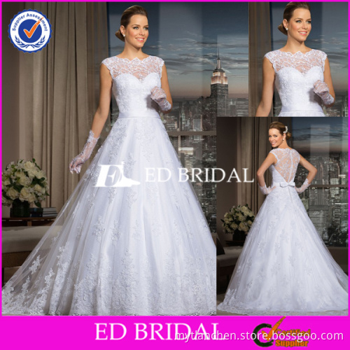 2015 New Arrival Illusion Neckline Sleeveless Appliques Allover Ball Gown Muslim Bridal Gown